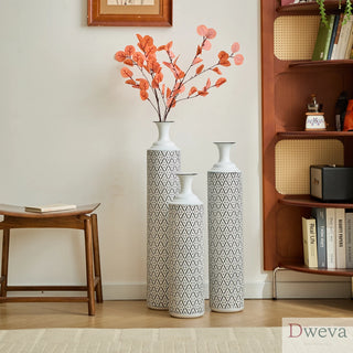 Floor Metal Vases Decorated White Metal vases Set of 3 gorgeous home decoration large glazed metal vases 24in/28.7in/33.5in height Dweva
