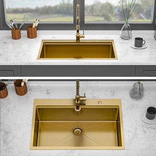 33" Drop in Gold Kitchen Sink - 33 x 22 x 10 inch Kitchen Sink Drop-in Topmount Single Bowl 16 Gauge Stainless Steel Ledge Workstation Kitchen Sinks Dweva