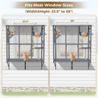 Large Cat Catio – Expandable Window Box Enclosure for Multiple Indoor Cats, Cat Perch House with 3 platforms,1 hammock and 3 doors, All-Weather Use Dweva