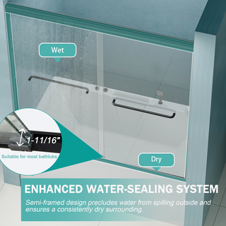 56"-60" W x 58" H Double Sliding Bathtub Shower Door, Semi-Frameless Bypass Tub Door, 1/4" (6mm) Tempered Glass with Explosion-Proof Film, Adjustable Aluminum Alloy Frame, Matte Black 24D03-T60MBX Dweva