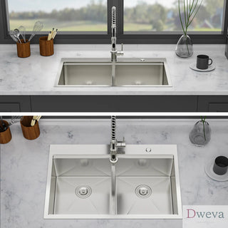 Topmount Drop in Kitchen Sink - 33"x 22" x 10" Double Bowl (60/40) Kitchen Sink 16 Gauge with Two 10" Deep Basin, Brushed Nickel Dweva