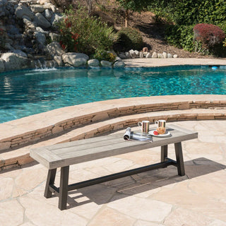 Light Grey Sandblast Finish Acacia Wood Dining Bench with Black Rustic Metal Finish Frame Dweva