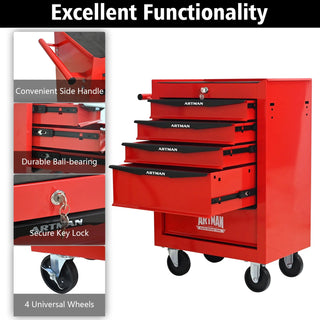 Rolling Metal Tool Chest with 5 Drawers, 20" 5-Drawer Tool Chest Cabinet with Ball Bearing Drawer Slides, Steel Tool Storage Box Organizer -Red&Black Dweva