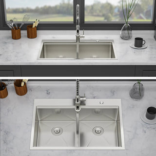 Topmount Drop in Kitchen Sink - 36"x 22" x 10" Double Bowl (50/50) Kitchen Sink 16 Gauge with Two 10" Deep Basin, Brushed Nickel Dweva
