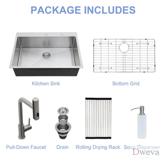 33" Drop-in Kitchen Sink with Pull-Out Faucet and Soap Dispenser - 33 x 22 x 10 inch Single Bowl 16 Gauge Stainless Steel Topmount Kitchen Sink Basin Dweva