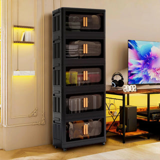 Black, 24" Side Wide Folding Storage Cabinet ,5 Tiers,23.62"×13.78"×59.84",Collapsible Storage Bins with Magnetic Door, Plastic Storage Cabinet with Wheels Dweva