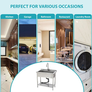 21"D x 36"W x 35.5"H Stainless Steel Large Utility Sink Single Bowl, Freestanding Commercial Restaurant Sink with Pull-Out Faucet, Utility Sink for Laundry Room, Garage, Kitchen Dweva
