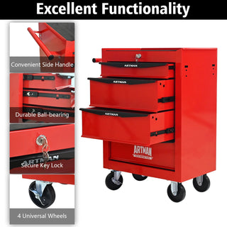 Rolling Metal Tool Chest with 4 Drawers, 20" 4-Drawer Tool Chest Cabinet with Ball Bearing Drawer Slides, Steel Tool Storage Box Organizer -Red&Black Dweva