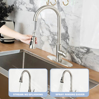 Brushed Nickel Pull-Down Kitchen Faucet - Single Hole Deck Mount with Stainless Steel Sprayer & Single Handle Control Dweva