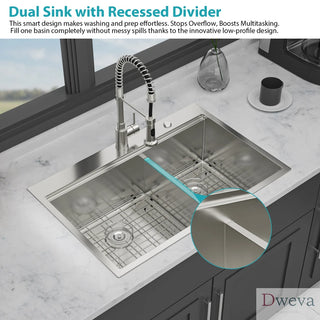 Topmount Drop in Kitchen Sink - 33"x 22" x 10" Double Bowl (50/50) Kitchen Sink 16 Gauge with Two 10" Deep Basin, Brushed Nickel Dweva