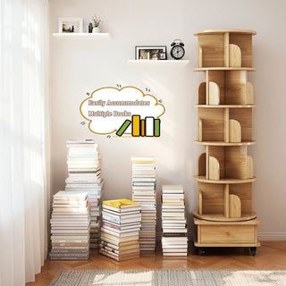 6 Tier Rotating Bookshelf, 360° Display Round Spinning Bookshelf with Wheels and Drawer, Space-Saving, Small Space Rotating Bookshelf Tower for Bedroom, Living Room, Home, Office, Wood Color Dweva