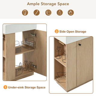 21.6" bathroom vanity with ceramic sink, freestanding modern right door wood grain cabinet with open and closed storage for small bathrooms