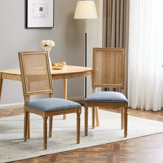 [Set of 2] French Country Dining Chairs - Elegant Cane Backrest & Upholstered Seats with Fluted Legs - Rustic Weathered Finish - Solid Rubberwood Frame - Vintage Inspired Kitchen & Dining Room Chairs Dweva