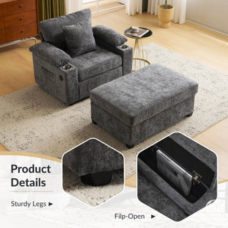 Modern Oversized Chair with Ottoman,Chenille Fabric Sofa Bed,Accent Chair Comfy Sofa with Cupholders and USB Charging Ports Chair for Living Room,Bedroom,Apartment Dweva