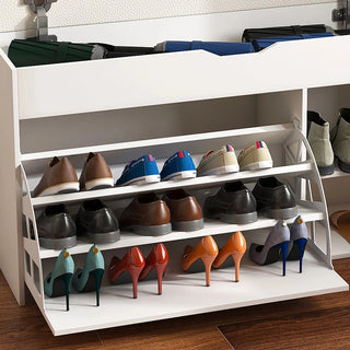 Entryway Bench with Shoe Storage,Adjustable 3-Tier Flip-Up Drawers & Hidden Cabinet,Space-Saving Shoe Organizer,Triple Storage and Modern Design,for Hallway and Living Room,White Dweva
