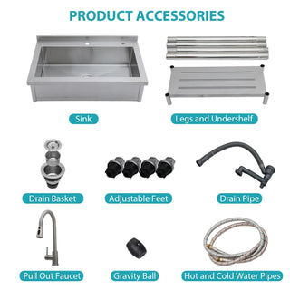 21"D x 36"W x 35.5"H Stainless Steel Large Utility Sink Single Bowl, Freestanding Commercial Restaurant Sink with Pull-Out Faucet, Utility Sink for Laundry Room, Garage, Kitchen Dweva