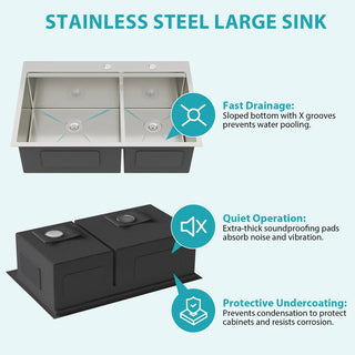 Topmount Drop in Kitchen Sink - 36"x 22" x 10" Double Bowl (60/40) Kitchen Sink 16 Gauge with Two 10" Deep Basin, Brushed Nickel Dweva