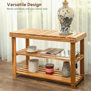 Acacia Wood Shoe Rack Bench, 2-Tier Natural Wooden Shoe Organizer for Entryway, Front Door, or Bathroom, 200 lbs Capacity, 27.6"L x 11"W x 17.8"H, Durable and Easy to Assemble Dweva