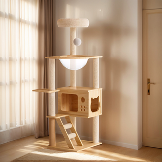 48.8" Modern Cat Tower, Wood Cat Tree Tower for Indoor Cats, Cat Treewith Sisal-Covered Scratching Posts and Top Perch, Cat Condo with Acrylic Hammock for Small Large Cats Dweva