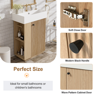 21.6" bathroom vanity with ceramic sink, freestanding modern right door wood grain cabinet with open and closed storage for small bathrooms