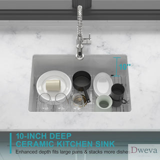 30" Undermount Single Bowl Ceramic Kitchen Sink - Dual Mount White Ceramic Rectangular Deep Single Bowl Sink Basin Dweva