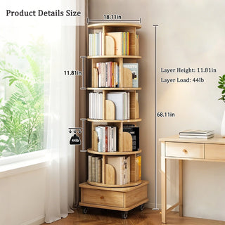 6 Tier Rotating Bookshelf, 360° Display Round Spinning Bookshelf with Wheels and Drawer, Space-Saving, Small Space Rotating Bookshelf Tower for Bedroom, Living Room, Home, Office, Wood Color Dweva