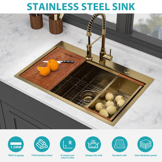 33" Drop in Gold Kitchen Sink - 33 x 22 x 10 inch Kitchen Sink Drop-in Topmount Single Bowl 16 Gauge Stainless Steel Ledge Workstation Kitchen Sinks Dweva
