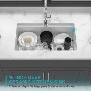 Undermount White Kitchen Sink Workstation - 33 inch White Porcelain Ceramic Single Bowl Dual Mount Kitchen Sink Dweva