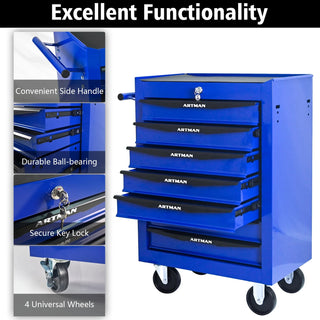 Rolling Metal Tool Chest with 7 Drawers, 20" 7-Drawer Tool Chest Cabinet with Ball Bearing Drawer Slides, Steel Tool Storage Box Organizer -BLACK&BLUE Dweva