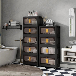 Black, 24" Side Wide Folding Storage Cabinet ,5 Tiers,23.62"×13.78"×59.84",Collapsible Storage Bins with Magnetic Door, Plastic Storage Cabinet with Wheels Dweva