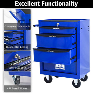 Rolling Metal Tool Chest with 4 Drawers, 20" 4-Drawer Tool Chest Cabinet with Ball Bearing Drawer Slides, Steel Tool Storage Box Organizer -BLACK&BLUE Dweva