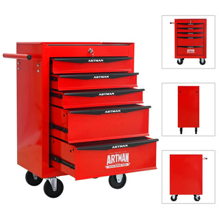 Rolling Metal Tool Chest with 5 Drawers, 20" 5-Drawer Tool Chest Cabinet with Ball Bearing Drawer Slides, Steel Tool Storage Box Organizer -Red&Black Dweva