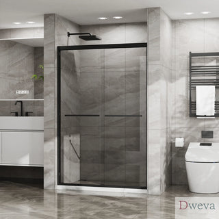 Goodyo Double Sliding Glass Shower Door 48 in. W x 72 in. H Aluminum Framed Shower Enclosure with SGCC Clear Tempered Glass, Stainless Steel Hardware, Matte Black Dweva