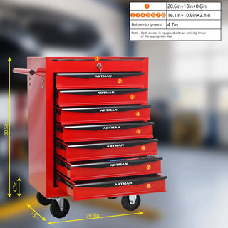 Rolling Metal Tool Chest with 7 Drawers, 20" 7-Drawer Tool Chest Cabinet with Ball Bearing Drawer Slides, Steel Tool Storage Box Organizer -Red&Black Dweva