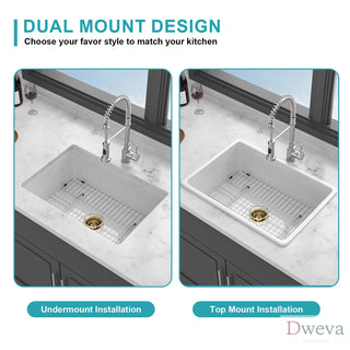 27" Undermount Single Bowl Ceramic Kitchen Sink - Dual Mount White Ceramic Rectangular Deep Single Bowl Sink Basin Dweva