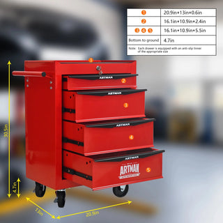 Rolling Metal Tool Chest with 4 Drawers, 20" 4-Drawer Tool Chest Cabinet with Ball Bearing Drawer Slides, Steel Tool Storage Box Organizer -Red&Black Dweva