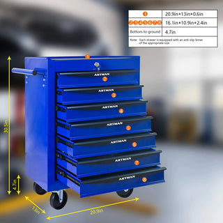Rolling Metal Tool Chest with 7 Drawers, 20" 7-Drawer Tool Chest Cabinet with Ball Bearing Drawer Slides, Steel Tool Storage Box Organizer -BLACK&BLUE Dweva