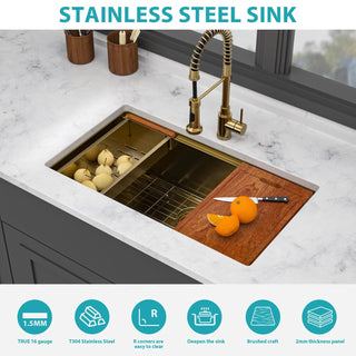 Single Bowl Undermount Workstation Gold Kitchen Sink - 33" x 19" x 10" Inch 16 Gauge Stainless Steel Deep Sink Dweva