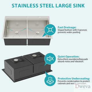 Topmount Drop in Kitchen Sink - 33"x 22" x 10" Double Bowl (50/50) Kitchen Sink 16 Gauge with Two 10" Deep Basin, Brushed Nickel Dweva