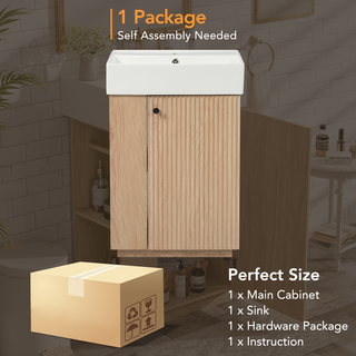 21.6" bathroom vanity with ceramic sink, freestanding modern right door wood grain cabinet with open and closed storage for small bathrooms