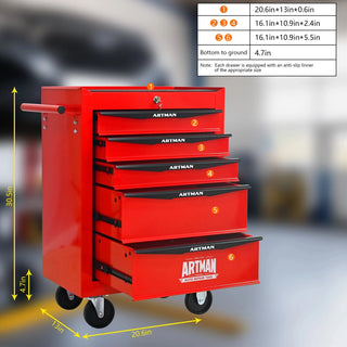 Rolling Metal Tool Chest with 5 Drawers, 20" 5-Drawer Tool Chest Cabinet with Ball Bearing Drawer Slides, Steel Tool Storage Box Organizer -Red&Black Dweva
