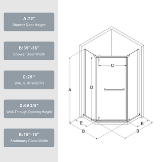 Goodyo Neo-Angle Frameless Shower Door 36 in.D x 36 in.W x 72 in.H Corner Shower Enclosure with Clear SGCC Tempered Glass Pivot Shower Door in Matte Black Finish Dweva