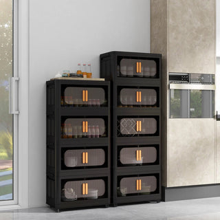 Black, 24" Side Wide Folding Storage Cabinet ,5 Tiers,23.62"×13.78"×59.84",Collapsible Storage Bins with Magnetic Door, Plastic Storage Cabinet with Wheels Dweva