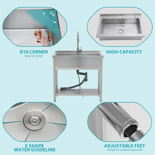 21"D x 36"W x 35.5"H Stainless Steel Large Utility Sink Single Bowl, Freestanding Commercial Restaurant Sink with Pull-Out Faucet, Utility Sink for Laundry Room, Garage, Kitchen Dweva
