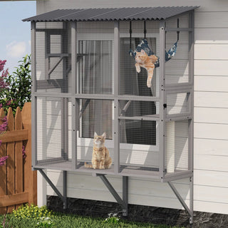 Large Cat Catio – Expandable Window Box Enclosure for Multiple Indoor Cats, Cat Perch House with 3 platforms,1 hammock and 3 doors, All-Weather Use Dweva