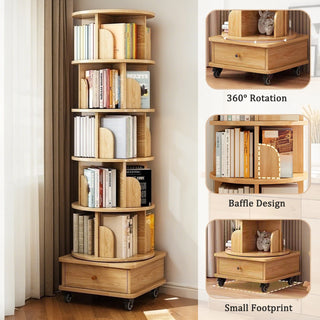 6 Tier Rotating Bookshelf, 360° Display Round Spinning Bookshelf with Wheels and Drawer, Space-Saving, Small Space Rotating Bookshelf Tower for Bedroom, Living Room, Home, Office, Wood Color Dweva