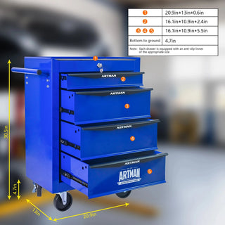Rolling Metal Tool Chest with 4 Drawers, 20" 4-Drawer Tool Chest Cabinet with Ball Bearing Drawer Slides, Steel Tool Storage Box Organizer -BLACK&BLUE Dweva