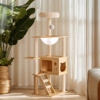 48.8" Modern Cat Tower, Wood Cat Tree Tower for Indoor Cats, Cat Treewith Sisal-Covered Scratching Posts and Top Perch, Cat Condo with Acrylic Hammock for Small Large Cats Dweva