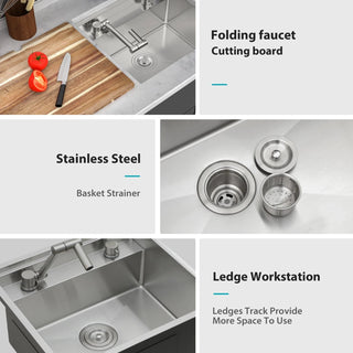 21 Inch Undermount Kitchen Sink With Folding Faucet and Cutting Board - 21 " x 19" Bar Prep Sink Stainless Steel 16 Gauge Workstation Sink Single Bowl Basin Sink Dweva