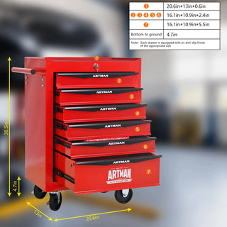 Rolling Metal Tool Chest with 6 Drawers, 20" 6-Drawer Tool Chest Cabinet with Ball Bearing Drawer Slides, Steel Tool Storage Box Organizer -Red&Black Dweva